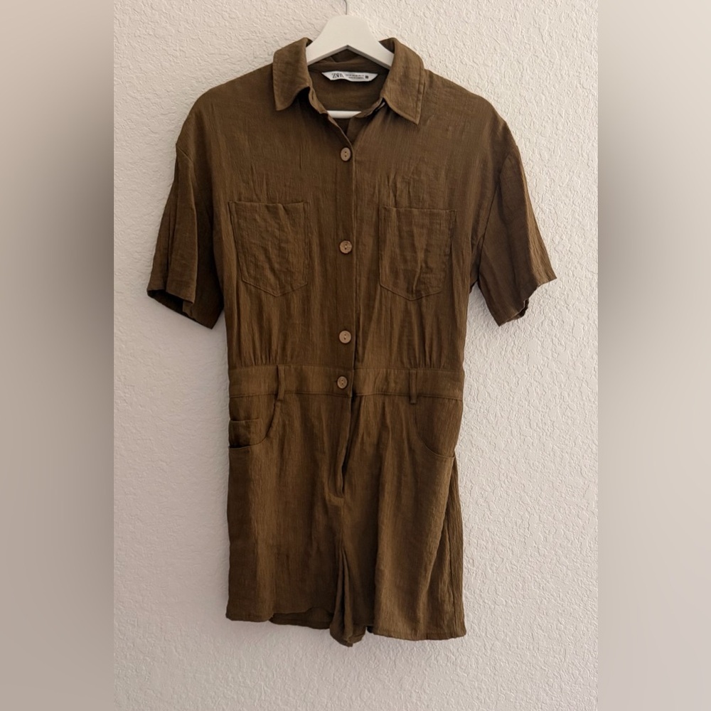 ZARA Khaki Safari Utility Romper | Button-Front Brown Jumpsuit
